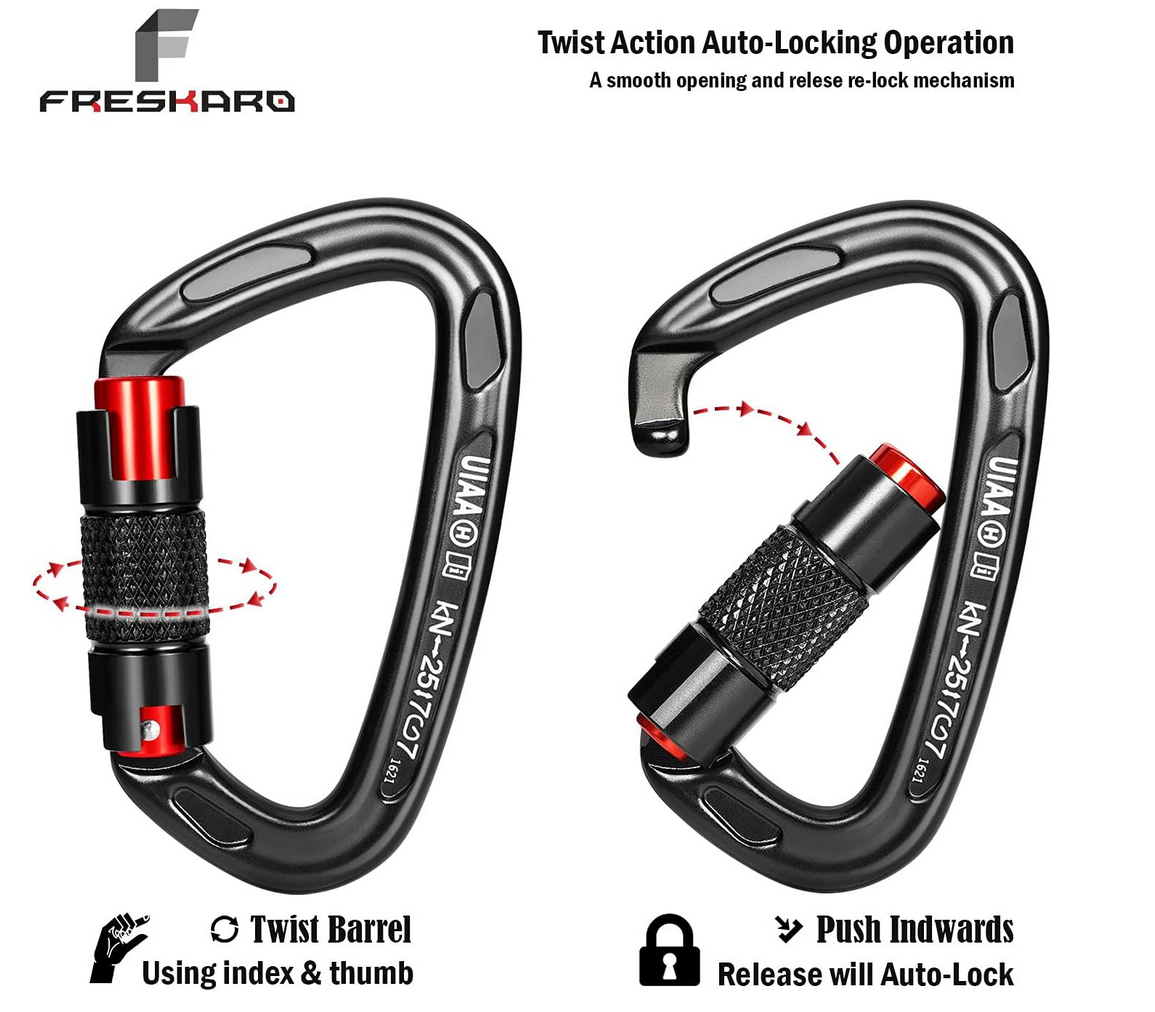 FresKaro UIAA Certified 25KN Auto Locking Climbing Carabiner Clips