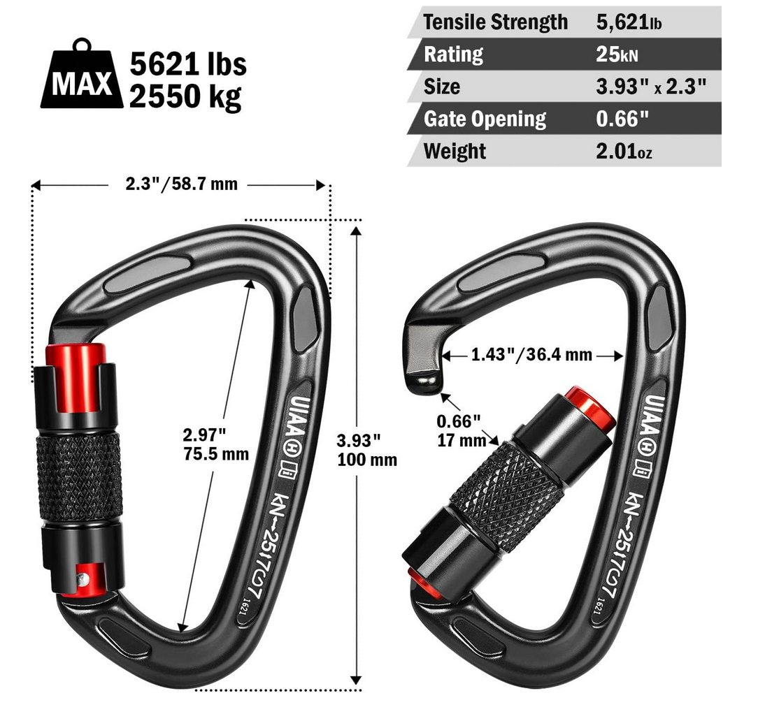 FresKaro UIAA Certified 25KN Auto Locking Climbing Carabiner Clips